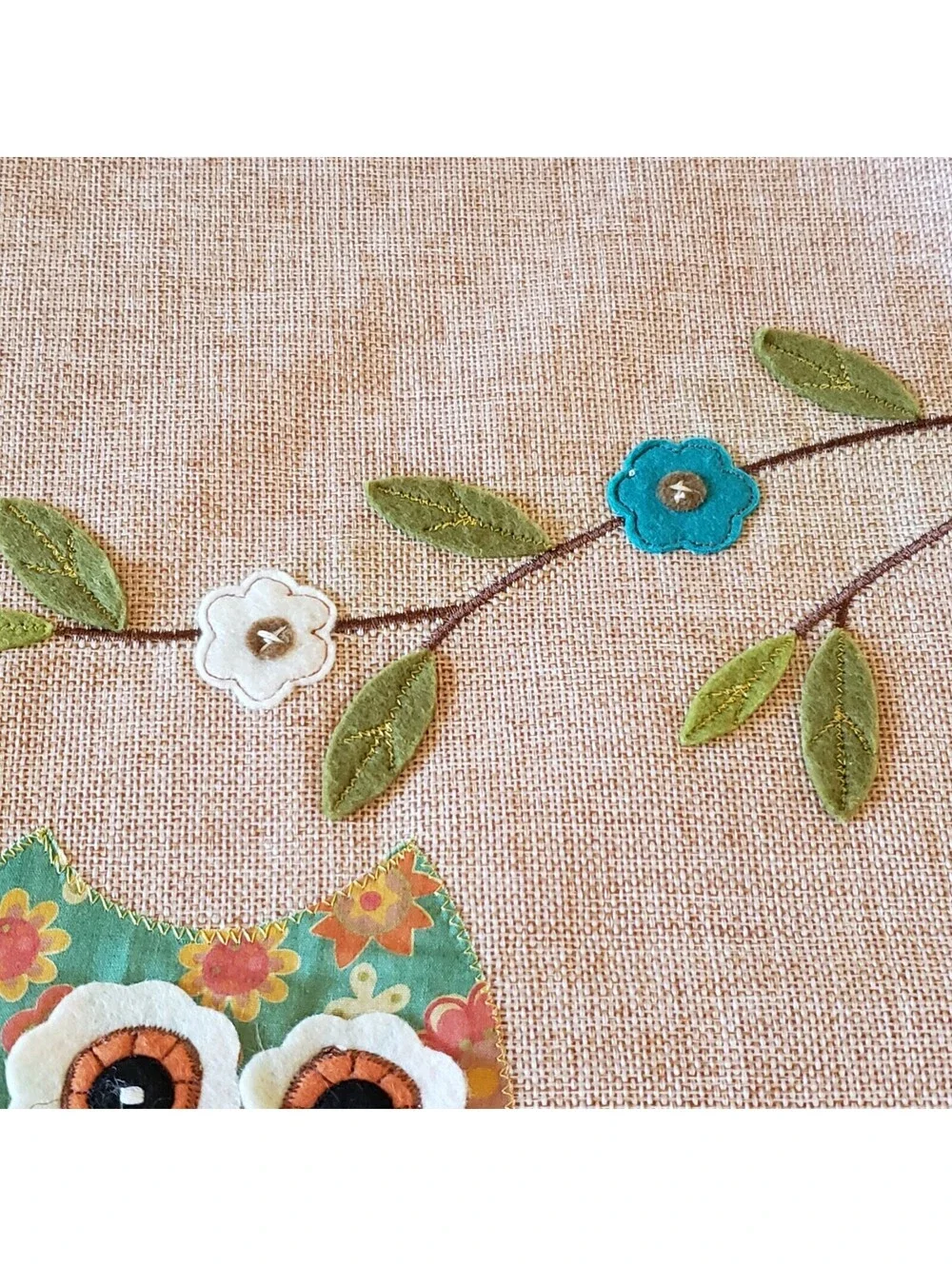 Owl Table Runner Floral Felt Applique Embroidery Ribbon Spring Summer Pink